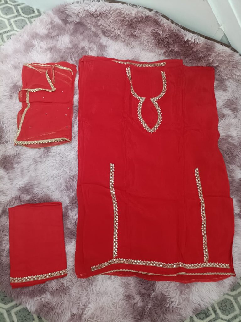 Silk Mirror Work Unstitched Suit - Red Partywear