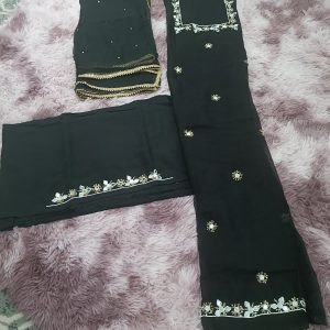 Black Georgette Unstitched Suit with Mirror Work Embroidery