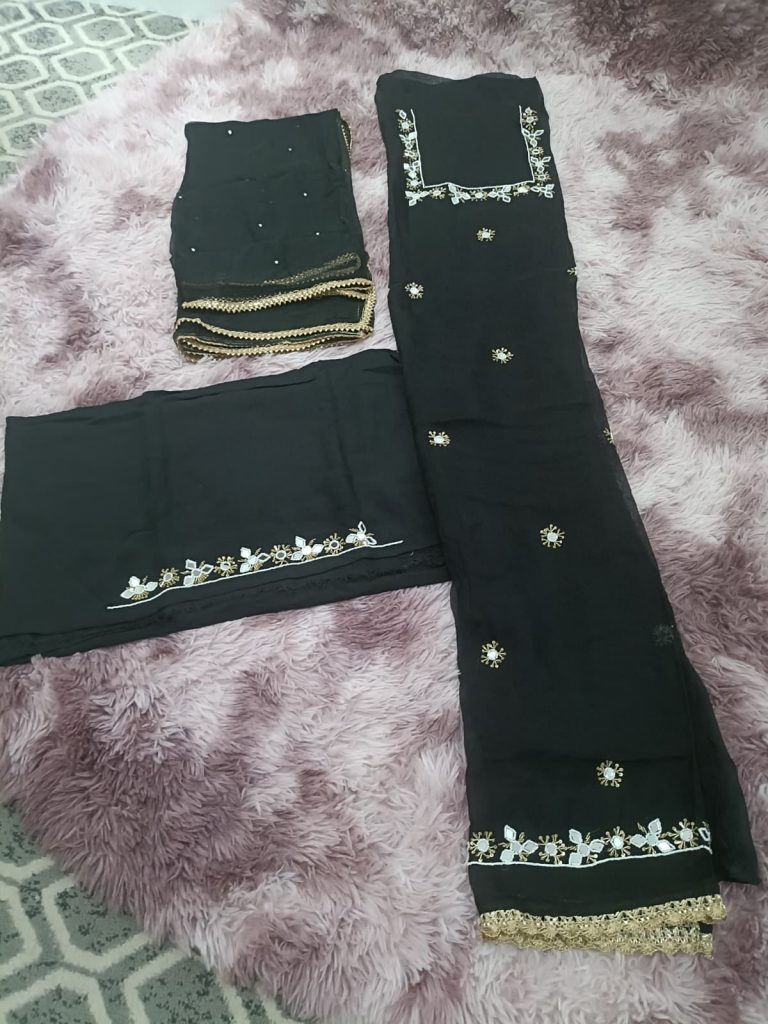 Black Georgette Unstitched Suit with Mirror Work Embroidery